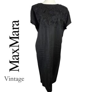 MaxMara Vintage Black Linen Embellished Sheath Dress